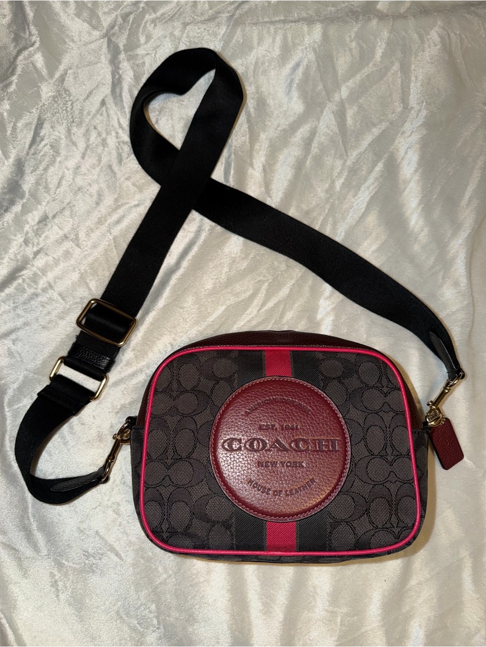 Coach Black Signature Canvas Crossbody with Pink Trim and Burgundy Patch